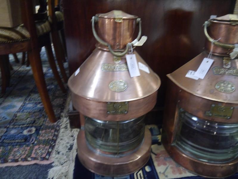 Copper ship's lantern, Masthead, applied with brass plaques including maker's name M.P. Galloway,