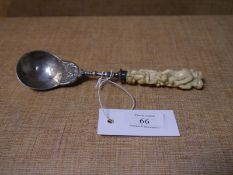 18th/19th century Dutch silver ivory mounted "anointing" spoon, the finely carved ivory handle