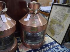 A copper ship's lantern, c. 1900, Port, with brass plaques and maker's name, M.P. Galloway, Leith.