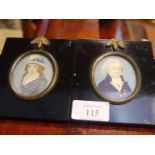 Pair of portrait miniatures of a lady and gentleman, c. 1800, the gentleman in brass-buttoned blue