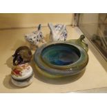 A group of ceramics and glass including two Russian blue and white glazed animal models, a studio