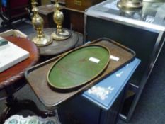 A Japanese green lacquer tray together with a copper mounted oak tray c 1920