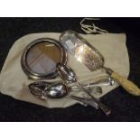 A group of silver and plate comprising a Victorian ivory handled silver plated crumb scoop, a