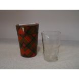 A 19th century Tartanware cased whisky tot glass, the glass acid etched with ferns