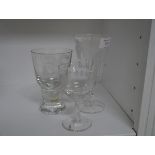 Three Scottish engraved drinking glasses, two Caithness, the engraved decoration including