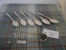 A set of six Victorian Scottish silver teaspoons with sugar tongs,Millidge & Son, Edinburgh 1851,