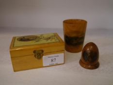 A group of 19th century Mauchline ware including trinket box with Dunfermline Abbey photographic