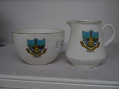 A Shelley China Crested Ware cream jug and sugar bowl bearing the arms of Aberfeldy.