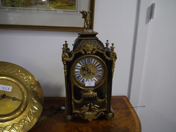 A 19th century boulle work mantel clock, Japy Freres, the case of architectural form, with caddy top