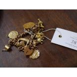 A 9ct gold curblink charm bracelet, suspending various charms including a South African 1 pond coin.