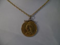 A Victoria Jubilee Head 1887 two pound gold coin, on a yellow metal chain stamped 9k.