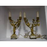 A pair of gilt metal figural candelabra in the Rococo taste, each modelled with a musical satyr