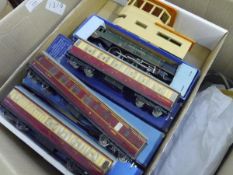 A box of Horny Dublo rolling stock and track, some boxed, including locomotive Duchess of Montrose