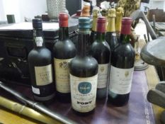 A group of wines and spirits, two port and three red wine