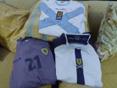 A group of three Scotland national team away football shirts, signed (3)