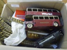 A group of vintage tinplate toys comprising: a Tri-ang Minic London Transport coach and Minic double