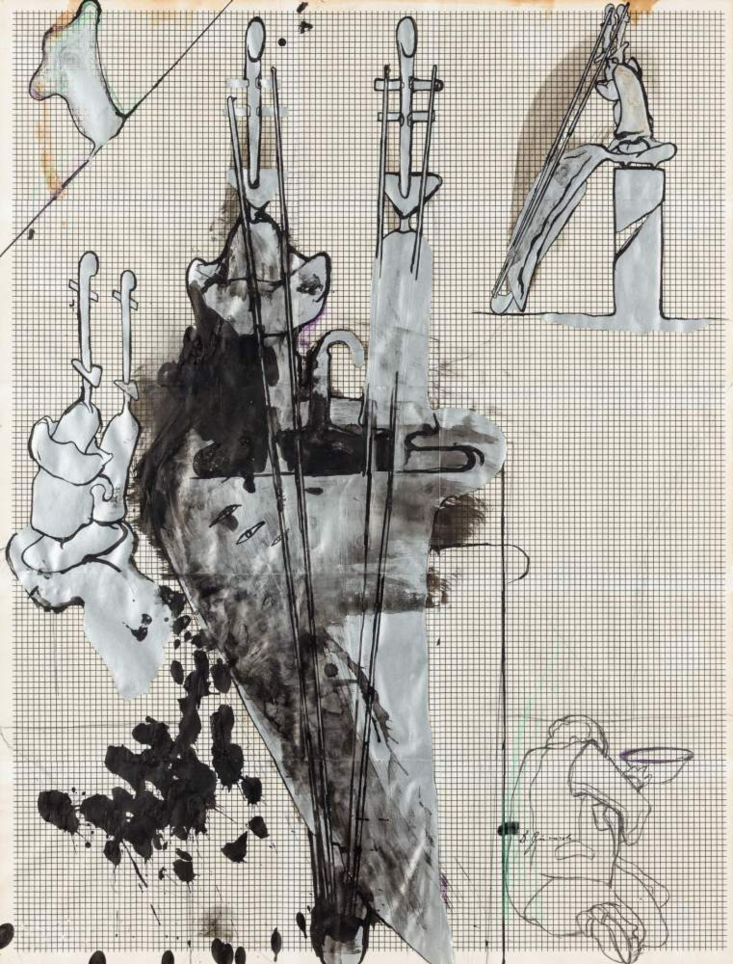 Bruno Gironcoli (Villach 1936 - 2010 Wien)  (ohne Titel)  Mischtechnik auf Papier auf Platte 90 x 68