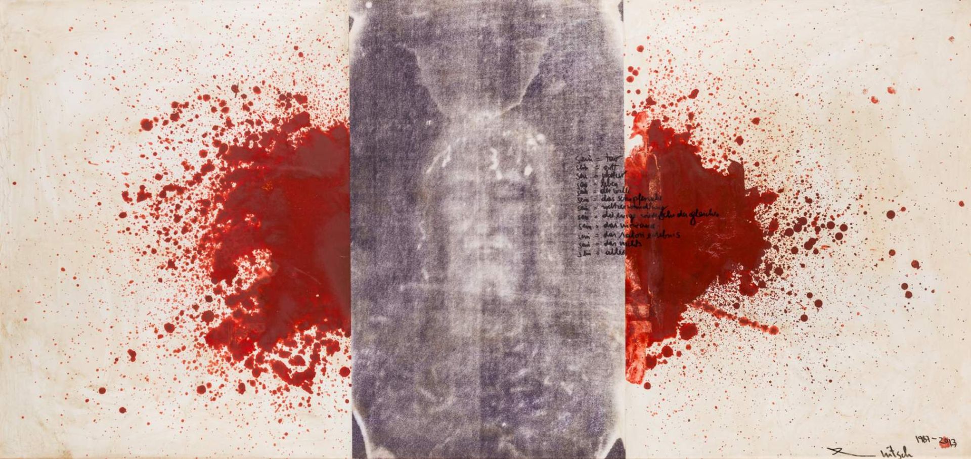 Hermann Nitsch * (Wien 1938 geb.)  sein=tao Schüttbild mit Collage 77 x 162,5 cm 1987/2013 rechts