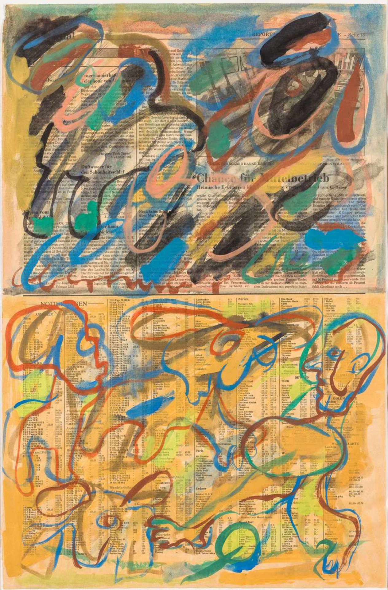 Oswald Oberhuber (Meran 1931 geb.) Ohne Titel Aquarell und Gouache auf Zeitungspapier 56 x 37 cm