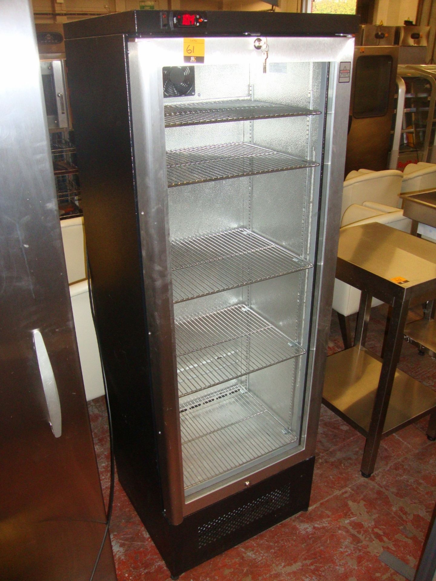 Osborne model 265E tall clear fronted fridge, with stainless steel/glass door & black cabinet