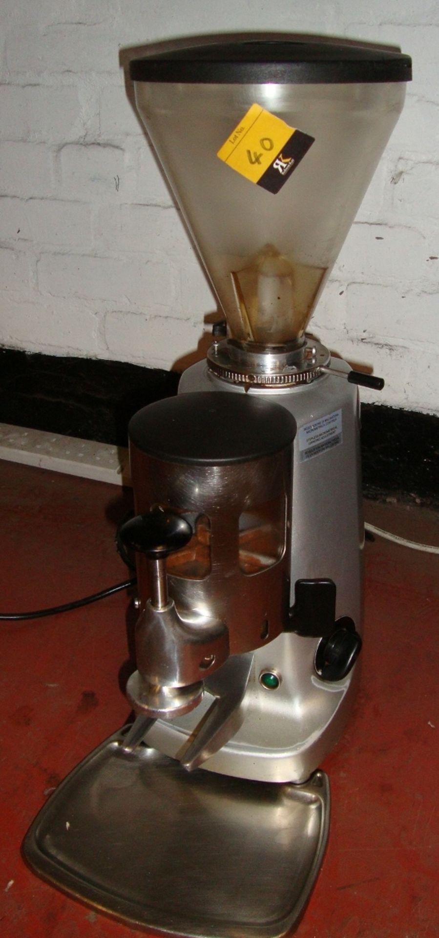 Mazzer Luigi heavy-duty commercial coffee grinder with detachable tray at front of same