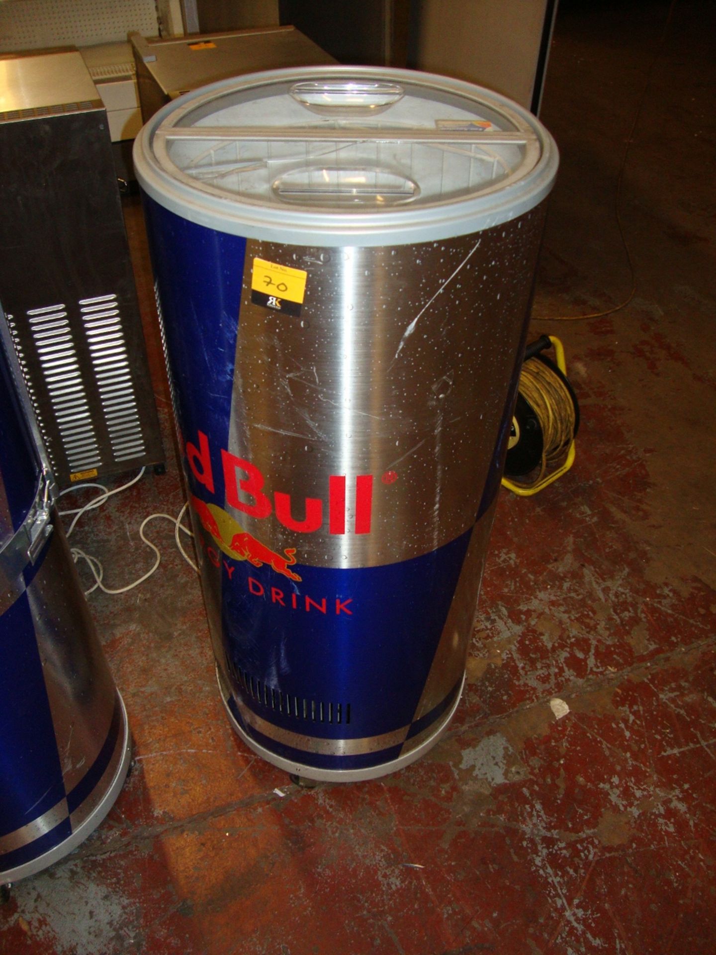 Red Bull top loading display chiller with removable plastic coated wire frame insert and hinged lid