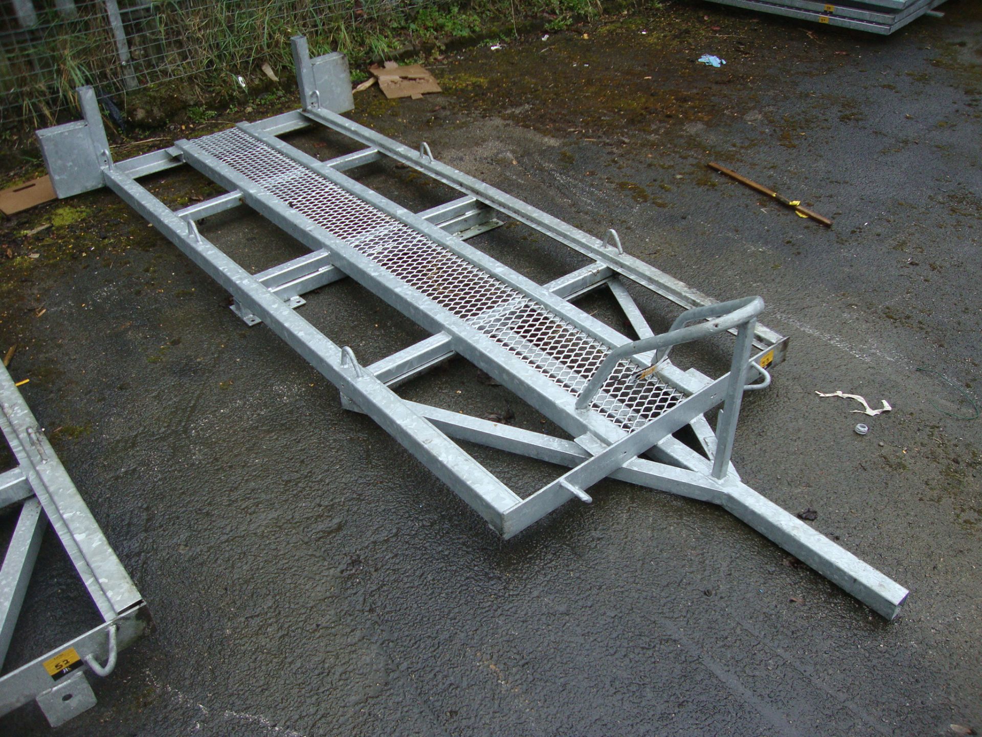 Small trailer chassis/bed, possibly for use with motorbikes, main bed dimensions being 231cm (l) x