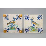 Two polychrome Dutch Delft tiles with birds, 17th C. - Dim.: 13 x 13 cm - Condition reports and high