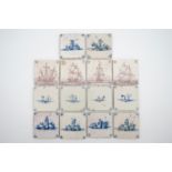 A set of 14 antique blue, white and manganese Delft tiles, 17/19th C. - Each tile ca. 13 x 13