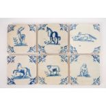 A set of six blue and white Dutch Delft tiles with animals, 17th C. - Dim.: 13 x 13 cm - Condition