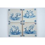 A set of 4 Delft tiles with sea creatures, Ghent, 17th C. - Dim.: 12,5 x 12,5 cm Probably from the