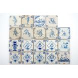 A set of 19 antique Dutch Delft blue and white tiles, 17/18th C. - Each tile ca. 13 x 13 cm. -