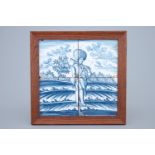 A Dutch Delft tile mural with a cussack with an axe, 18th C. - Dim.: 30 x 30 cm (incl. frame) -