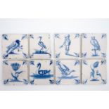 A set of 8 unusual blue and white Dutch Delft tiles, 18th C. - Each tile is ca. 13 x 13 cm. -