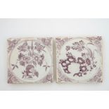 Two manganese Delftware tiles with floral decoration, Moustiers, France, 17th C. - Dim.: 13 x 13