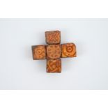 A set of 5 medieval tiles on a cross shaped mount, 13/14th C., Abdij Ter Duinen - Dim.: 10 x 10,5 cm