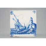 A Dutch Delft tile with a ship near rocks, late 17th C. - L.: 12,5 cm - Condition reports and high