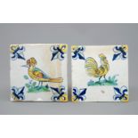 Two polychrome Dutch Delft tiles with birds, Gouda, 17th C. - Dim.: 13 x 13 cm - Condition reports