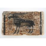 A Spanish socarrat or roof tile with a buck, Paterna, 14/15th C. - Dim.: 36,5 x 21 x 3,5 cm -