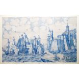 A large Dutch Delft tile panel with a sea coast battle, 17th C. - Dim.: 136 x 85,5 cm A very well