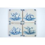 A set of 4 Delft tiles with sea creatures, Ghent, 17th C. - Dim.: 12,5 x 12,5 cm Probably from the