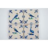 4 polychrome Dutch Delft tiles with birds, first half 17th C. - Dim.: 13,5 x 13,5 cm - Condition