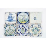 A set of 6 antique Dutch Delft tiles, 17th C. - Each tile ca. 13 x 13 cm. The soldier tile is not