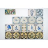 A set of 14 antique blue, white and polychrome Delft tiles, 17/19th C. - Each tile is ca. 13 x 13