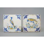 Two polychrome Dutch Delft tiles with birds, 17th C. - Dim.: 13 x 13 cm - Condition reports and high