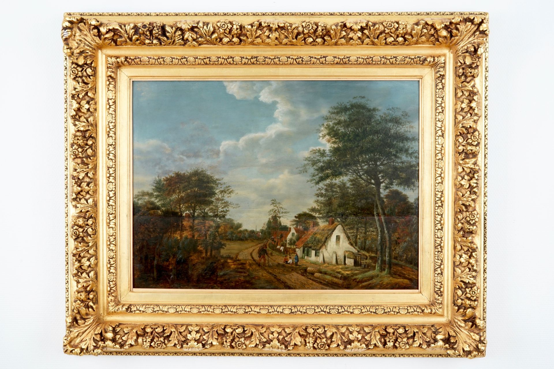 A view along the road, oil on panel, early 19th C. Dim.: 103,4 x 83,8 cm (frame)Dim.: 70,5 x 30,5 cm - Image 2 of 2