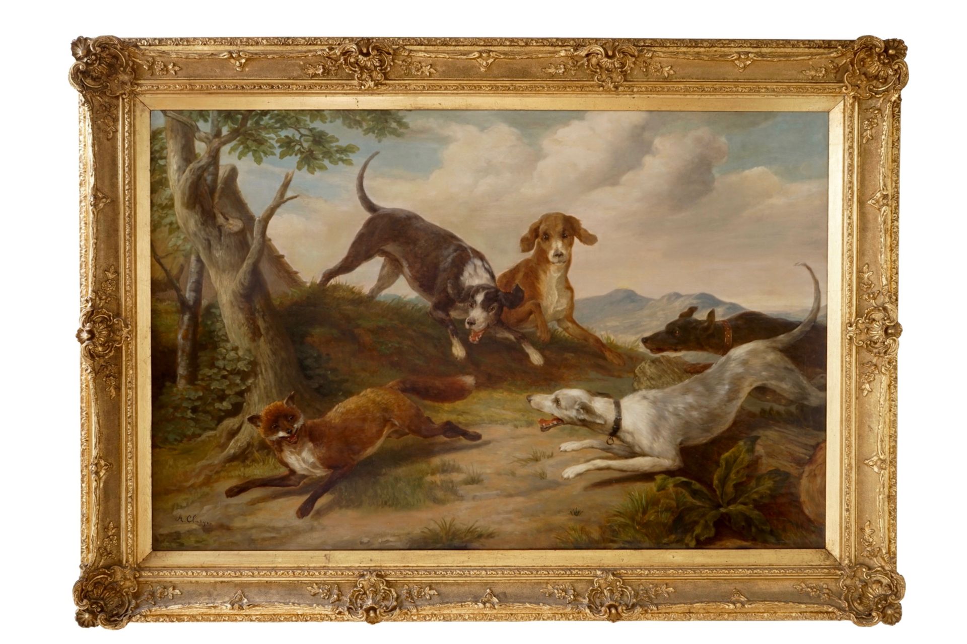 Alexandre Clarys, "Dogs hunting a fox", oil on canvas of large size Dim.: 202 x 142 cm (with frame) - Image 2 of 2