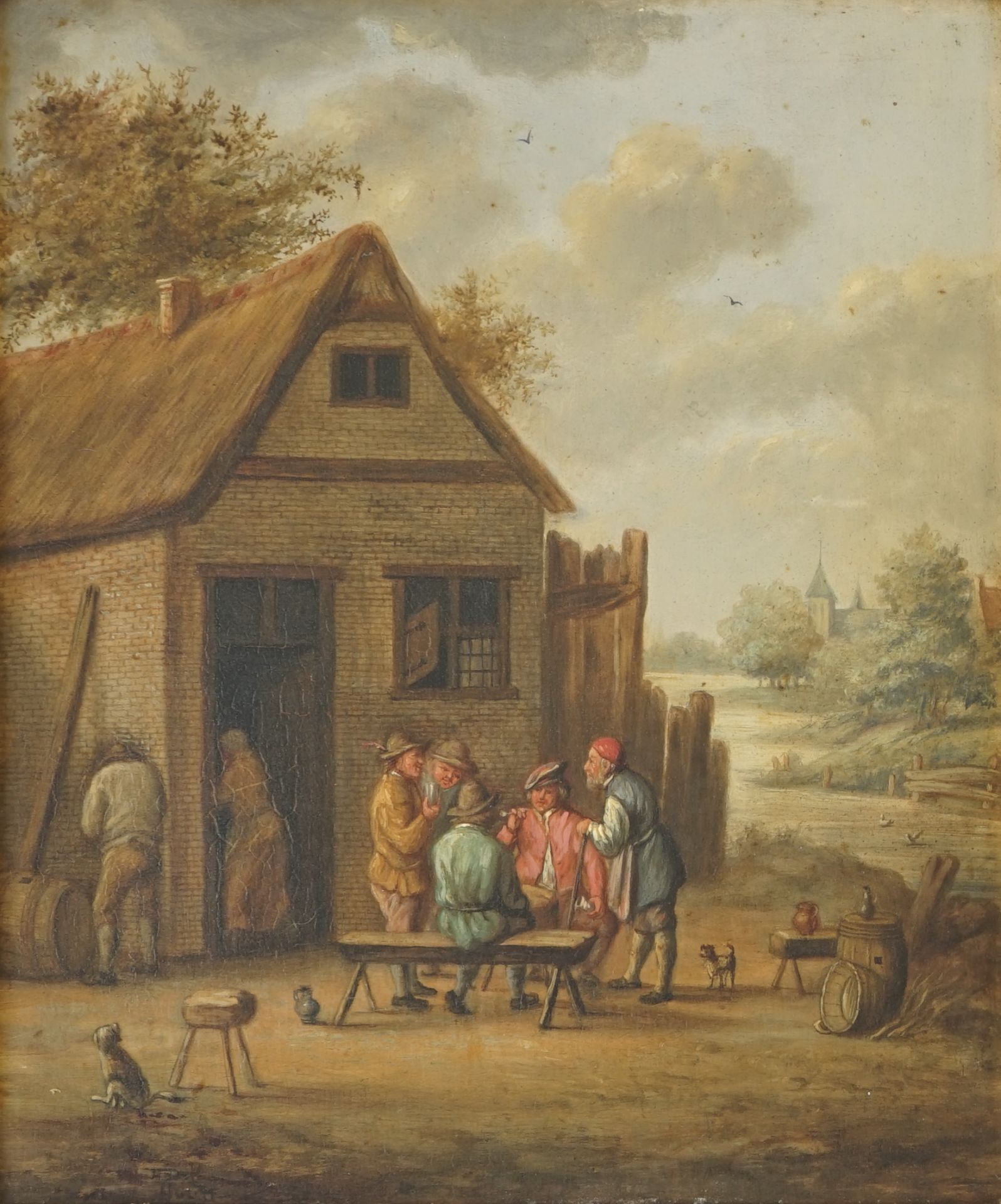 A pair of folk scenes near a tavern, oil on panel, early 19th C. Dim.: 46 x 39 cm - Dim.: 34 x 27 cm - Image 2 of 3