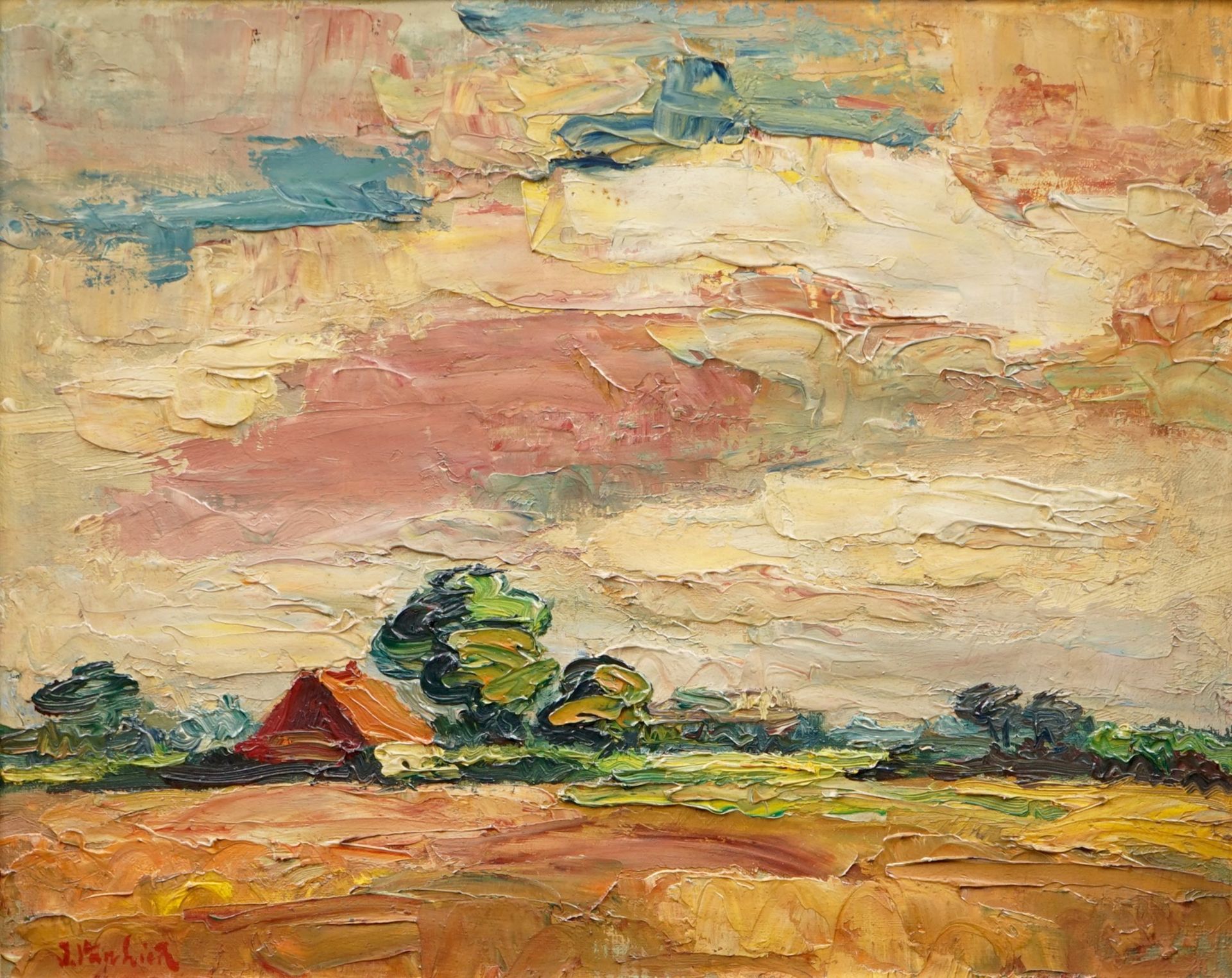 Jan Van Lier (1921), a landscape with a farm, oil on canvas Dim.: 63 x 54 cm (frame) Dim.: 48,5 x 39