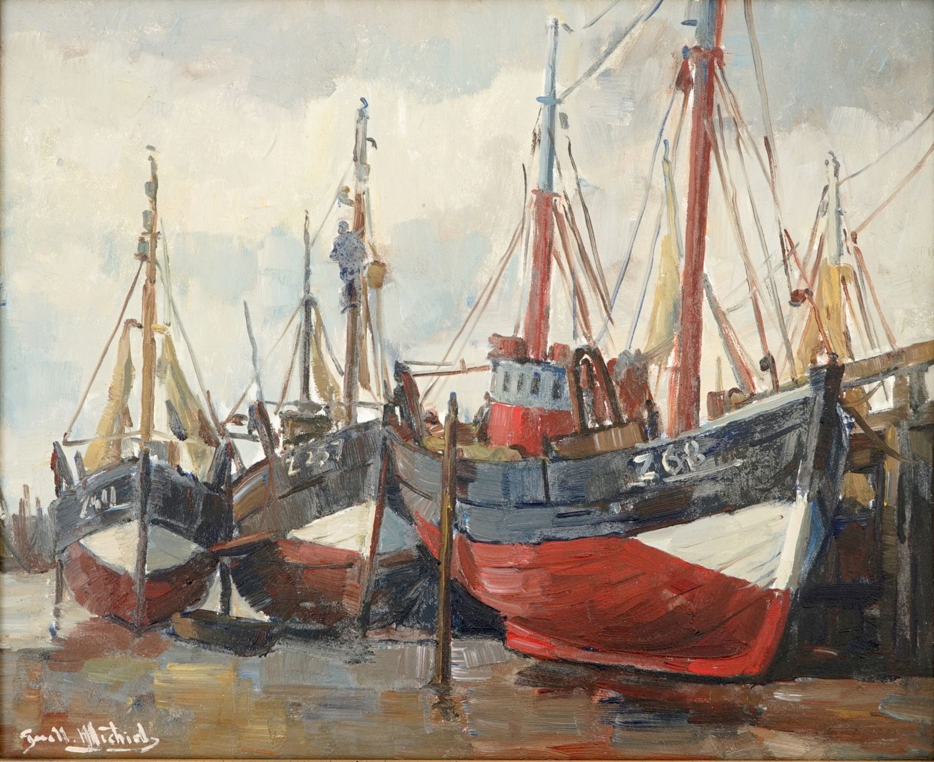 Guillaume Michiels (1909-1997), fishing boats at the Zeebrugge coast, oil on canvas Dim.: 58 cm x